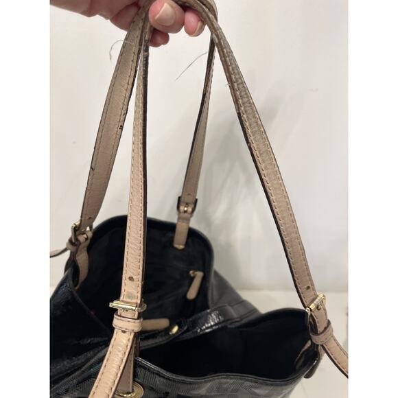 Michael Kors Black Patent Tote Shoulder Bag Logos, Tan Straps Casual Preppy - Picture 4 of 9